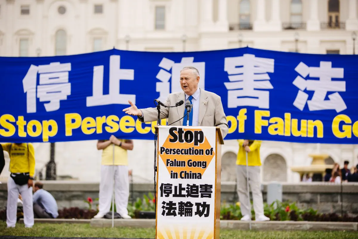 Rep. Dana Rohrabacher (R-Calif.) addresses a rally of 5,000 Falun Gong practitioners and calls for an end to the persecution of Falun Gong in China, in Washington on June 20, 2018. (Edward Dai/Epoch Times)