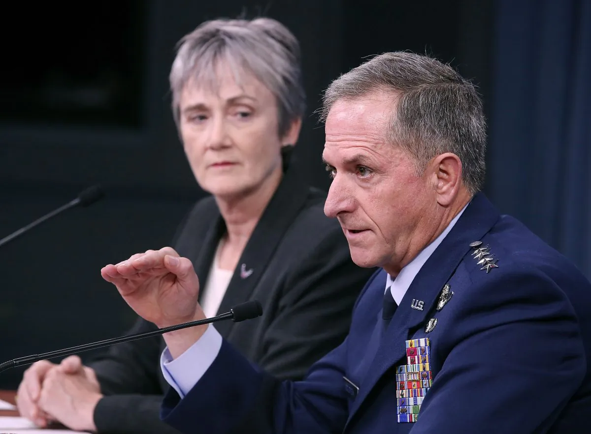 Air Force Secretary Heather Wilson and Air Force Chief of Staff Gen. David Goldfein brief the media at the Pentagon on November 9, 2017 in Arlington, Virginia. (Mark Wilson/Getty Images)