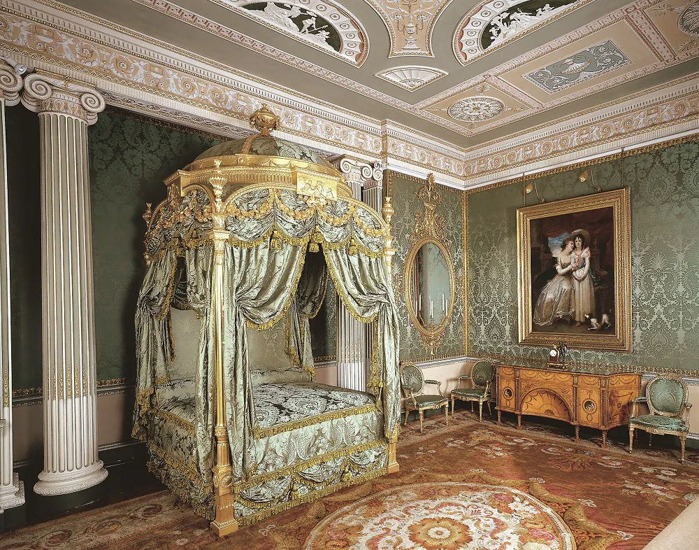 The 1773 State bed at Harewood House, made by Chippendale, is one of the most expensive pieces he ever supplied. It’s gilded wood with intricately carved details and draped in green silk damask. (Harewood House) 