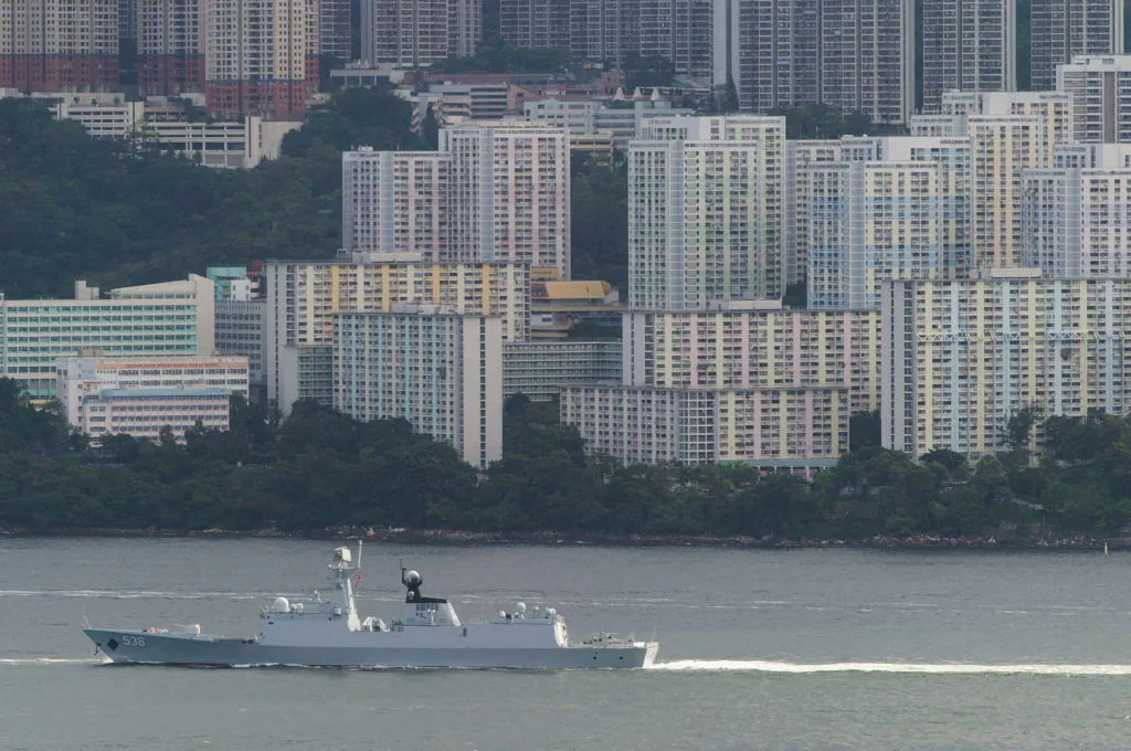 The Yantai, a Type 054A frigate of China's People's Liberation Army Navy (PLAN) arrives in Hong Kong territorial waters on July 7, 2017. (Tengku Bahar/AFP/Getty Images)