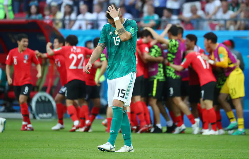 Soccer Football - World Cup - Group F - South Korea vs Germany - Kazan Arena, Kazan, Russia - June 27, 2018   Germany's Niklas Sule reacts after South Korea's Kim Young-gwon scored their first goal     (REUTERS/Pilar Olivares)