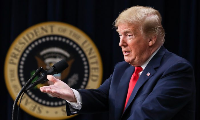President Donald Trump's approval rating is 50 percent, according to Rasmussen on Aug. 2. Above, Trump delivers remarks at the Face-to-Face With Our Future event at the South Court Auditorium of the White House in Washington, on June 27, 2018. (Samira Bouaou/The Epoch Times)