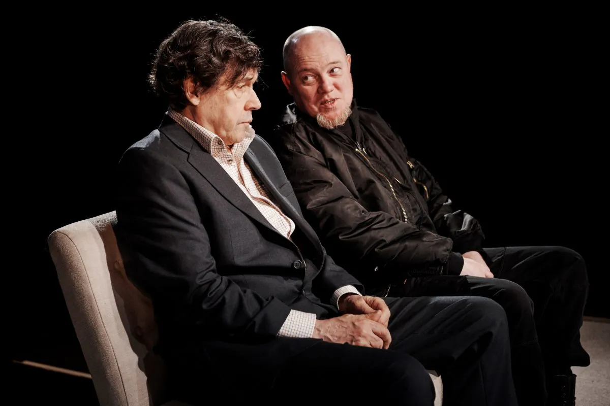 Eric (Stephen Rea, L) finds a sympathetic ear for his hatred in Slim (Chris Corrigan), in the production of “Cyprus Avenue,” written by David Ireland and directed by Vicky Featherstone, running at The Public Theater.  (Ros Kavanagh)