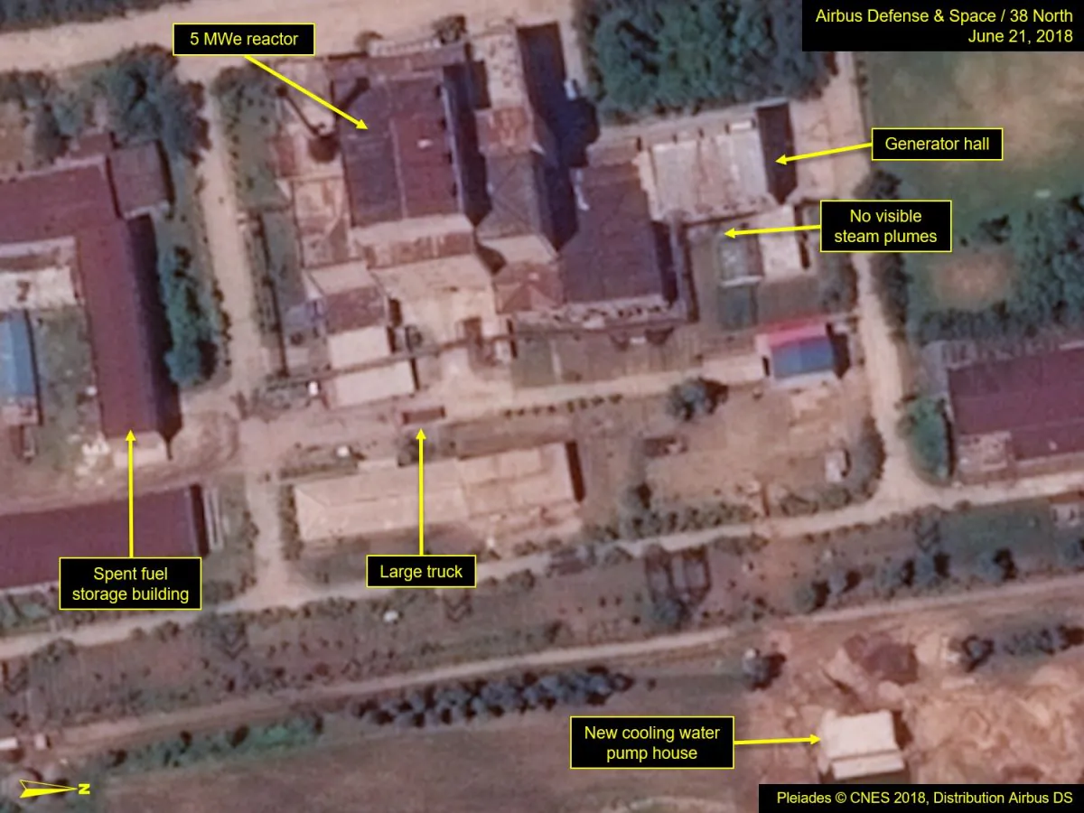 Satellite image of North Korea’s Yongbyon Nuclear Scientific Research Center captured on June 21, showing a new cooling water pump house built for its nuclear reactor. (Airbus Defense and Space/38 North)