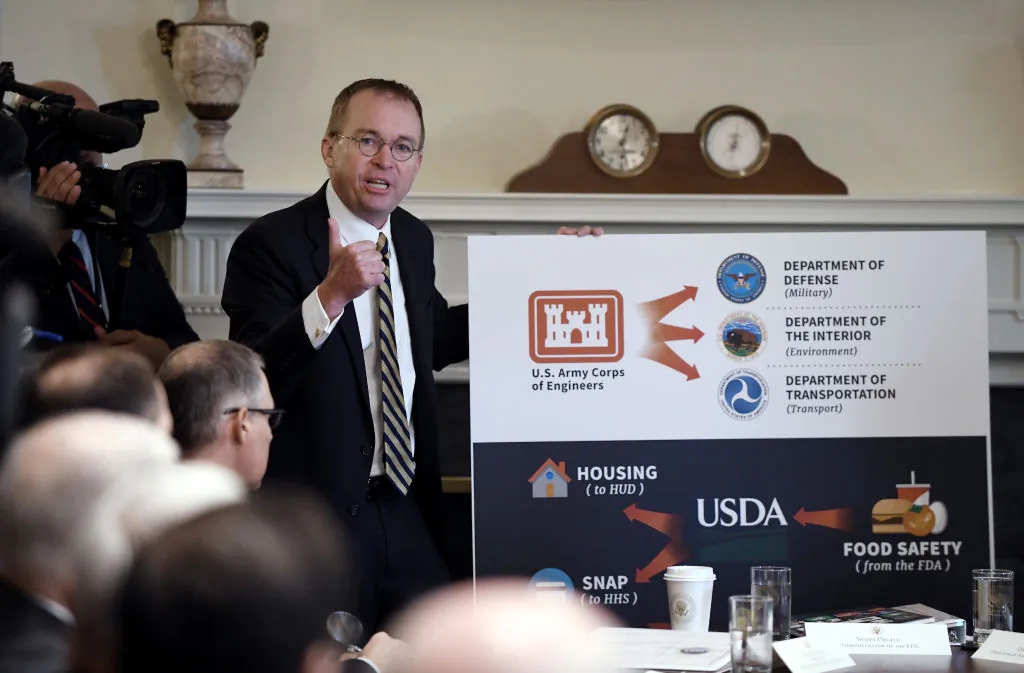 OMB Director Mick Mulvaney speaks about a government reform proposal during a cabinet meeting in the Cabinet Room of the White House, in Washington, on June 21. (OLIVIER DOULIERY/AFP/Getty Images)