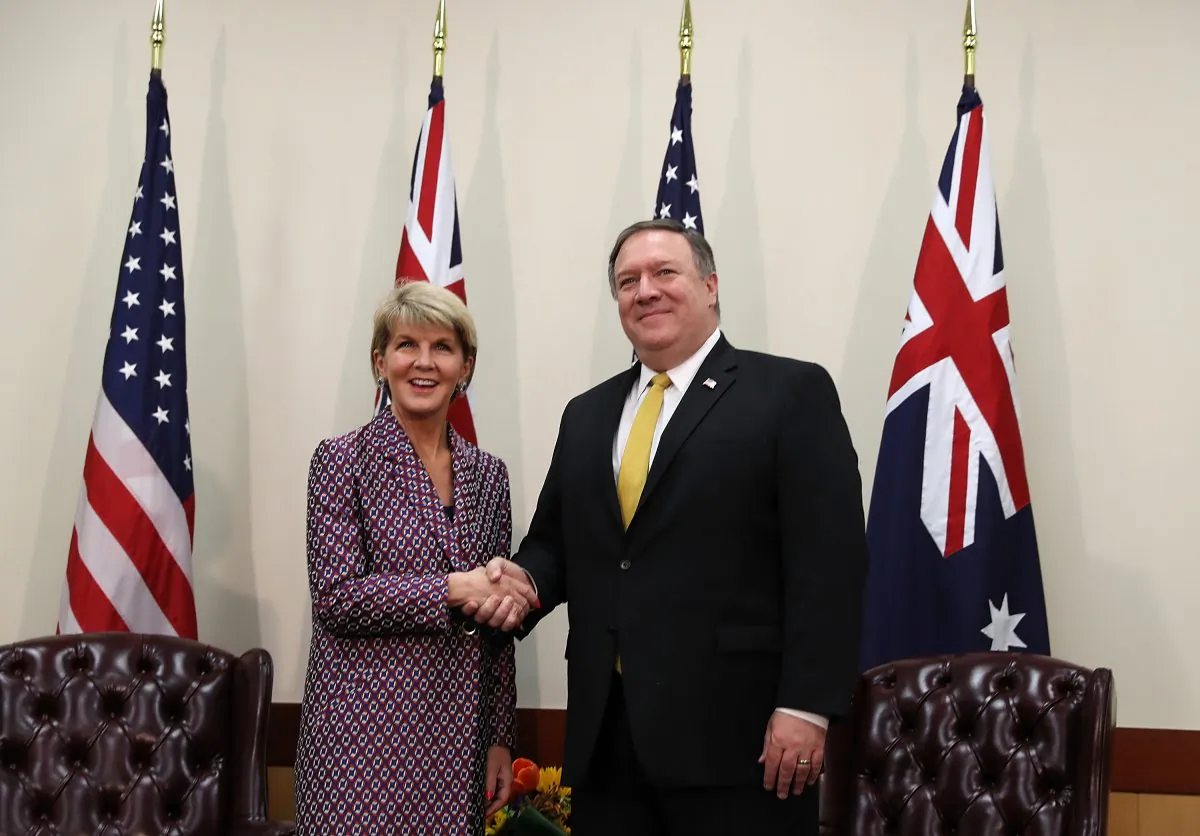 U.S. Secretary of State Mike Pompeo (R) shakes hands with Australian Minister for Foreign Affairs Julie Bishop (L) before the start of a meeting during the Australia-U.S. Ministerial  Consultations (AUSMIN) at the Hoover Institution on the campus of Stanford University July 23, 2018 in Stanford, California. U.S. (Justin Sullivan/Getty Images)