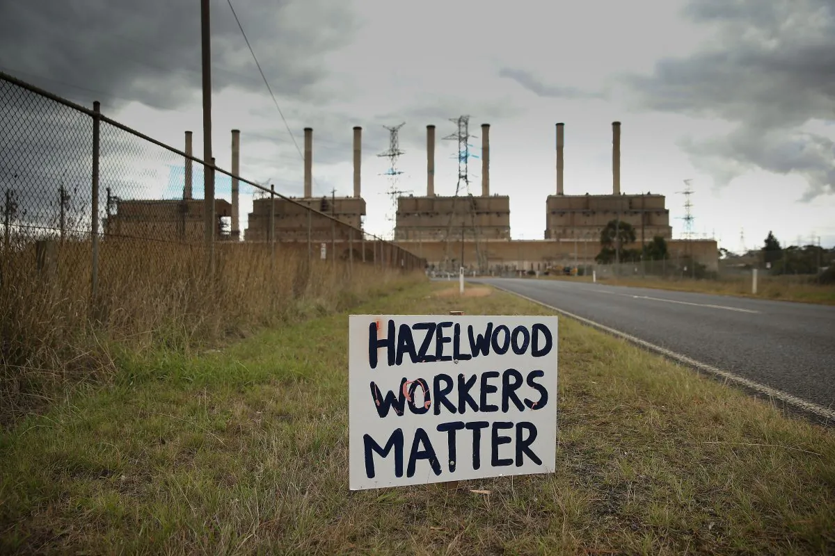 A sign outside the now closed Hazelwood Power Station in the Latrobe Valley in Victoria, Australia on March 31, 2017. (Scott Barbour/Getty Images)