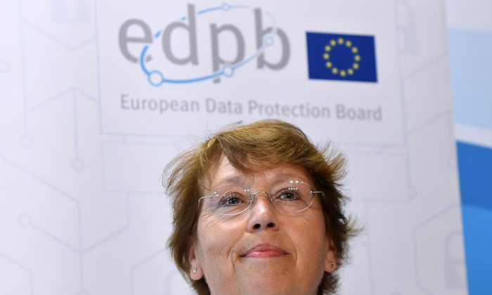 European Data Protection Board Chairwoman Andrea Jelinek adddresses a press conference as the EU General Data Protection Regulation (GDPR) becomes enforceable, in Brussels, on May 25, 2018.  (Emmanuel Dunand/AFP/Getty Images)