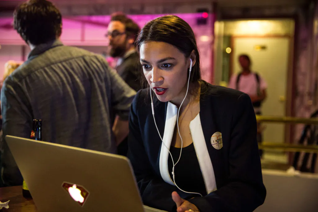 Leftist Alexandria Ocasio-Cortez celebrates at a victory party in the Bronx after upsetting incumbent Democratic Representative Joseph Crowly on June 26, 2018 in New York City.  (Scott Heins/Getty Images)