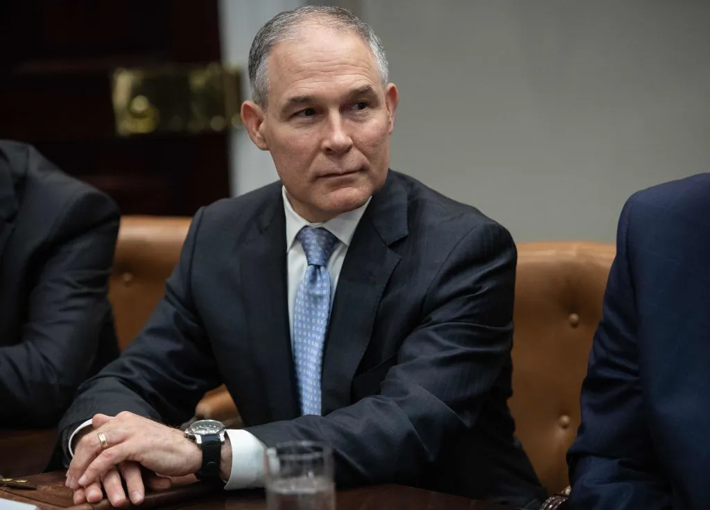 Environmental Protection Agency (EPA) Administrator Scott Pruitt attends a meeting between US President Donald Trump and carmakers in the Roosevelt Room at the White House in Washington, DC, on May 11, 2018. (Nicholas Kamm/AFP/Getty Images)