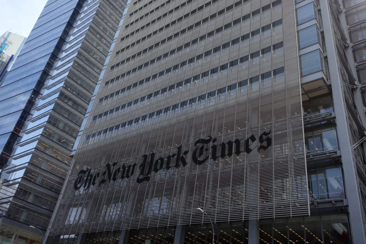 The sign on the west side of the New York Times building in Manhattan on April 28, 2016 in New York. (DON EMMERT/AFP/Getty Images)