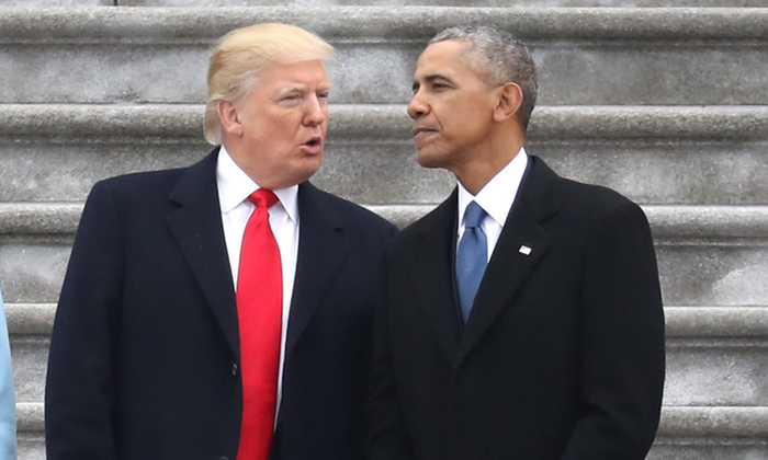 President Donald Trump and former president Barack Obama exchange words at the Capitol in Washington, DC on Jan. 20, 2017.(Rob Carr/Getty Images)