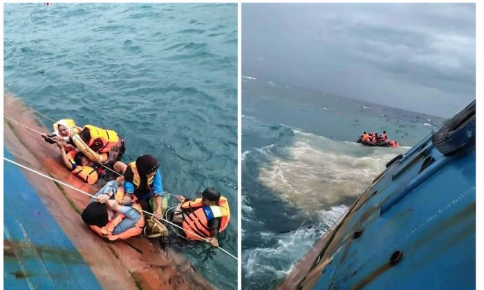 A combination picture shows survivors of KM Lestari Maju boat in the waters of Selayar island, South Sulawesi province, Indonesia, July 3, 2018. (Antara Foto/Handout/RelawanBNPB/via REUTERS)