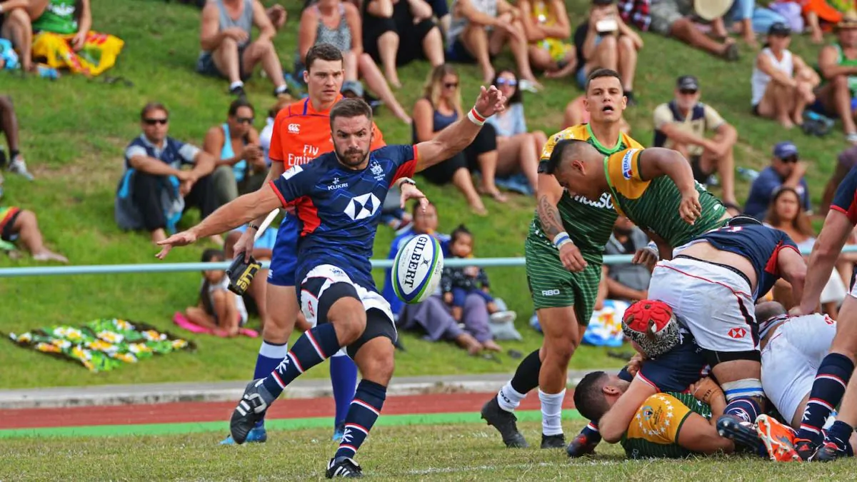 Liam Slatem clears the lines for Hong Kong in their RWC qualifier match vs Cook Islands on June 30. (Rashneel Kumar/CIRU)