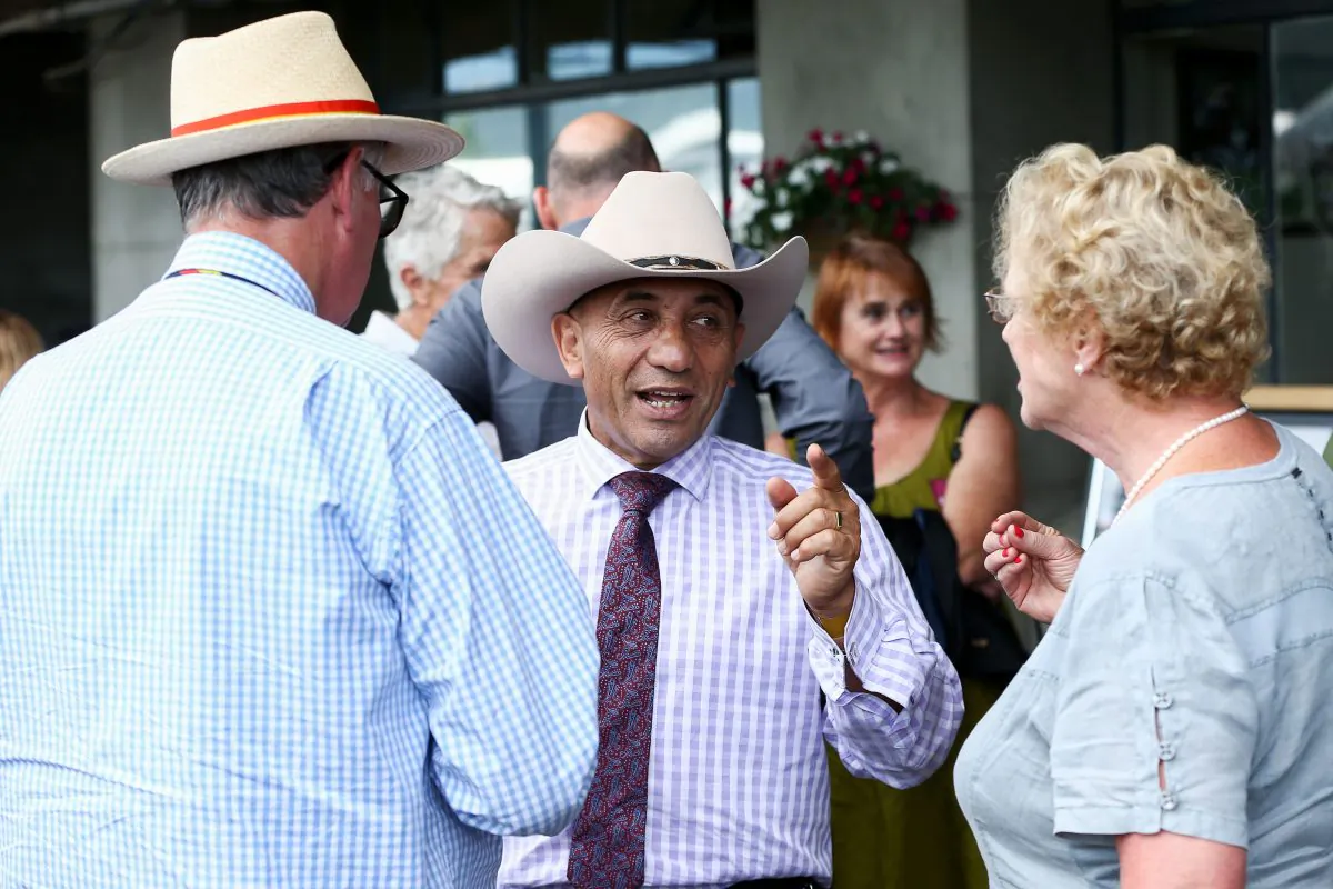Defence Minister Ron Mark speaks to racegoers in the birdcage during Wellington Cup Day at Wellington Racing Club on Jan. 20, 2018 in Wellington, New Zealand.  (Hagen Hopkins/Getty Images)