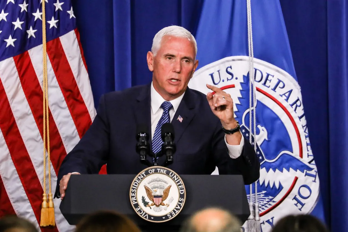Vice President Mike Pence delivers remarks at the U.S. Immigration and Customs Enforcement headquarters in Washington on July 6, 2018. (Samira Bouaou/The Epoch Times)
