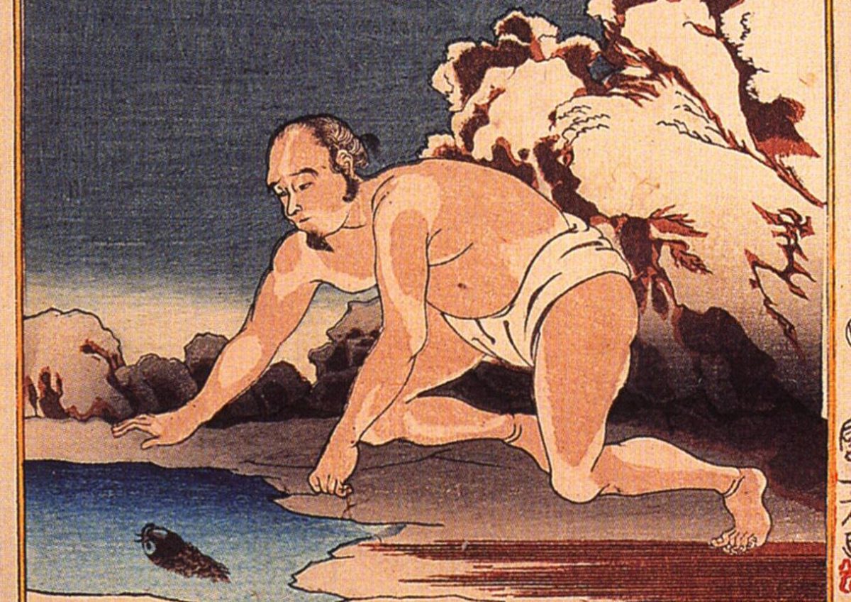 A depiction of Wang Xiang by Utagawa Kuniyoshi. When his stepmother craves fish in mid-winter, Wang Xiang takes off his clothes and lays down on the frozen river to melt the ice.  After his prayer, a carp leaps into his hands.  (Public Domain)