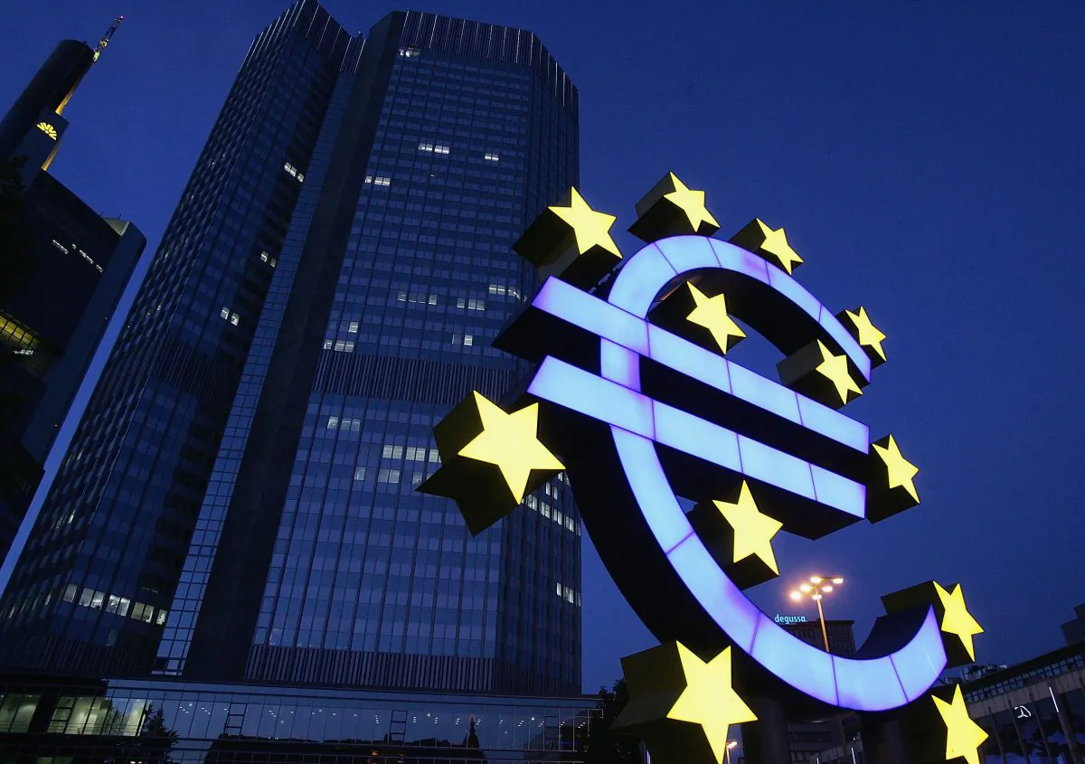 A euro logo in front of the headquarters of the European Central Bank in Frankfurt, Germany, in a file photo. (Ralph Orlowski/Getty Images)