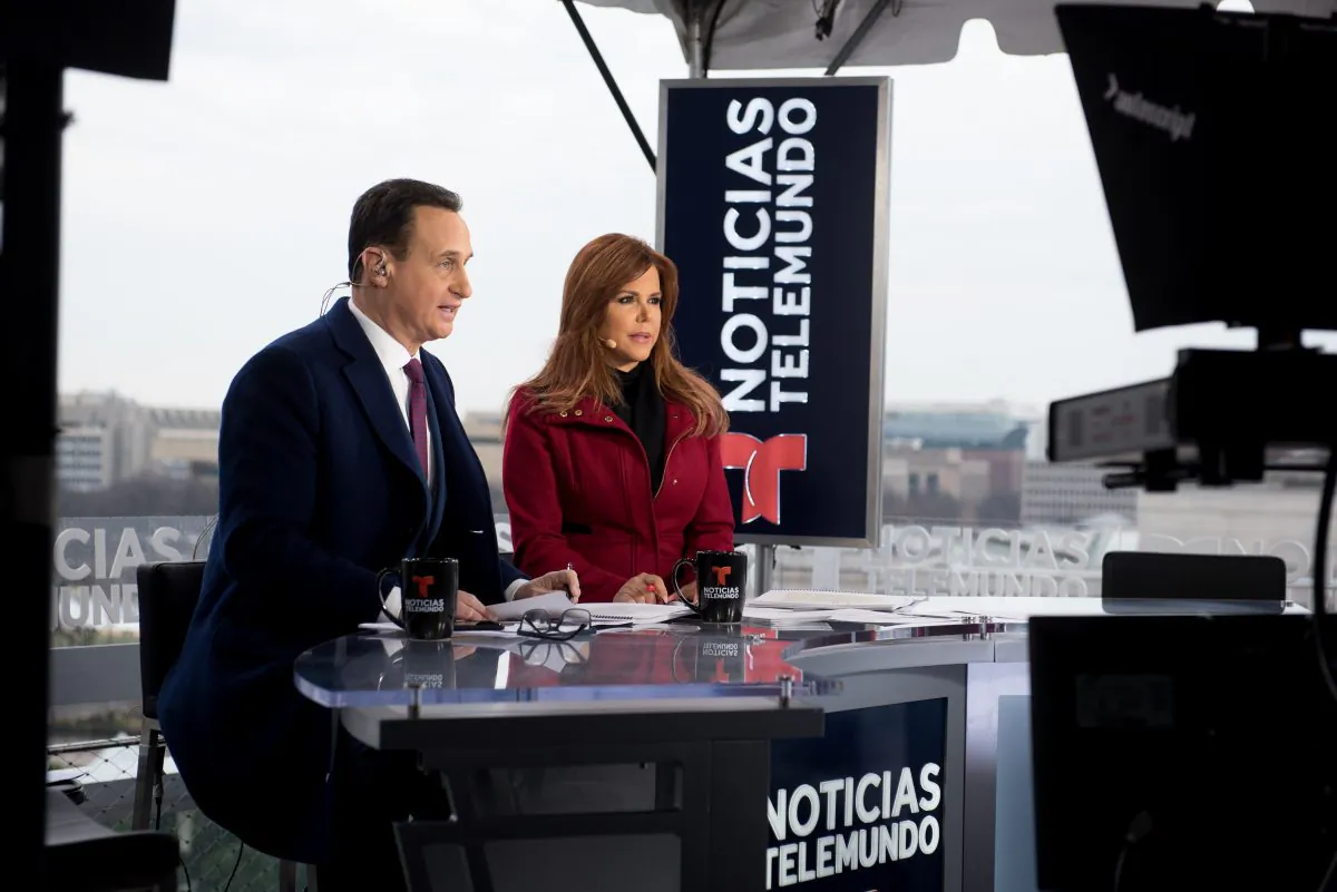 Jose Diaz-Balart and Maria Celeste Arraras participate in the Telemundo 2017 Presidential Inauguration broadcast at The Newseum in Washington, D.C., on Jan. 20, 2017. (Noam Galai/Getty Images)