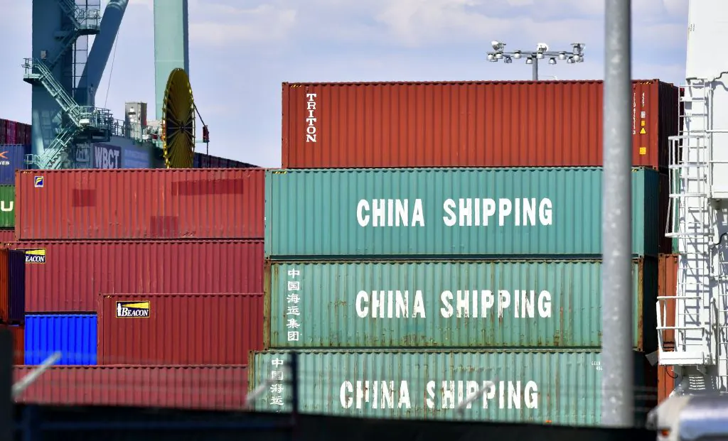 Containers are stacked on a vessel at the Port of Long Beach in Long Beach, California on July 6, 2018. (Frederic J. Brown/AFP/Getty Images)