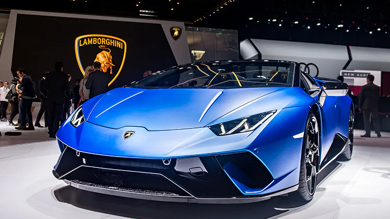 A blue Lamborghini Huracan, unrelated to the incident, at the 88th Geneva International Motor Show on March 6, 2018, in Geneva, Switzerland. (Robert Hradil/Getty Images)