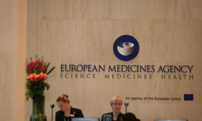 The logo of the European Medicines Agency is pictured in the reception area of their offices on May 2, 2017.(Daniel Leal-Olivas/AFP/Getty Images)