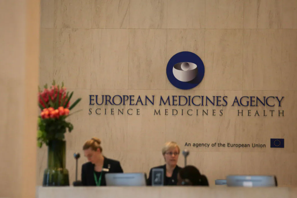 The logo of the European Medicines Agency is pictured in the reception area of their offices on May 2, 2017.(Daniel Leal-Olivas/AFP/Getty Images)