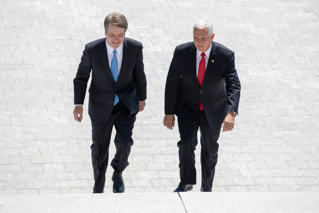 Vice President Mike Pence, right, and Supreme Court nominee Brett Kavanaugh arrive at the U.S. Capitol on July 10, 2018. (Alex Edelman/Getty Images)