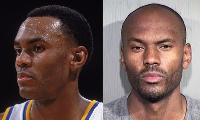 Billy Knight of the UCLA Bruins on December 27, 2001, (Jeff Gross/Getty Images) and his mug shot taken after his arrest on June 13, 2018. (Phoenix PD)