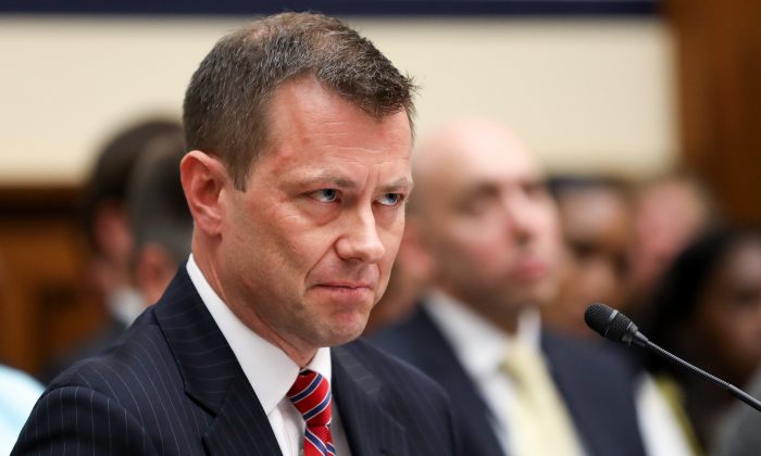 FBI Deputy Assistant Director Peter Strzok testifies at the Committee on the Judiciary and Committee on Oversight and Government Reform Joint Hearing on, “Oversight of FBI and DOJ Actions Surrounding the 2016 Election" in Washington on July 12, 2018. (Samira Bouaou/The Epoch Times)