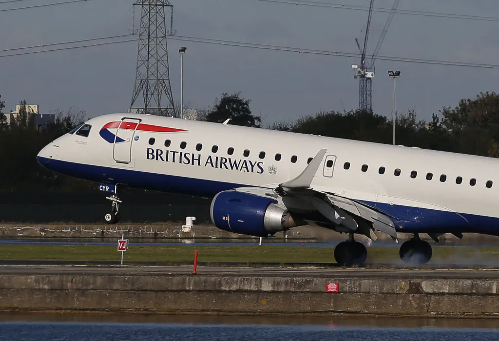 A British Airways E190 Embraer airplane lands at London City Airport in London on Oct. 27, 2017. (Daniel Leal-Olivas/AFP/Getty Images)