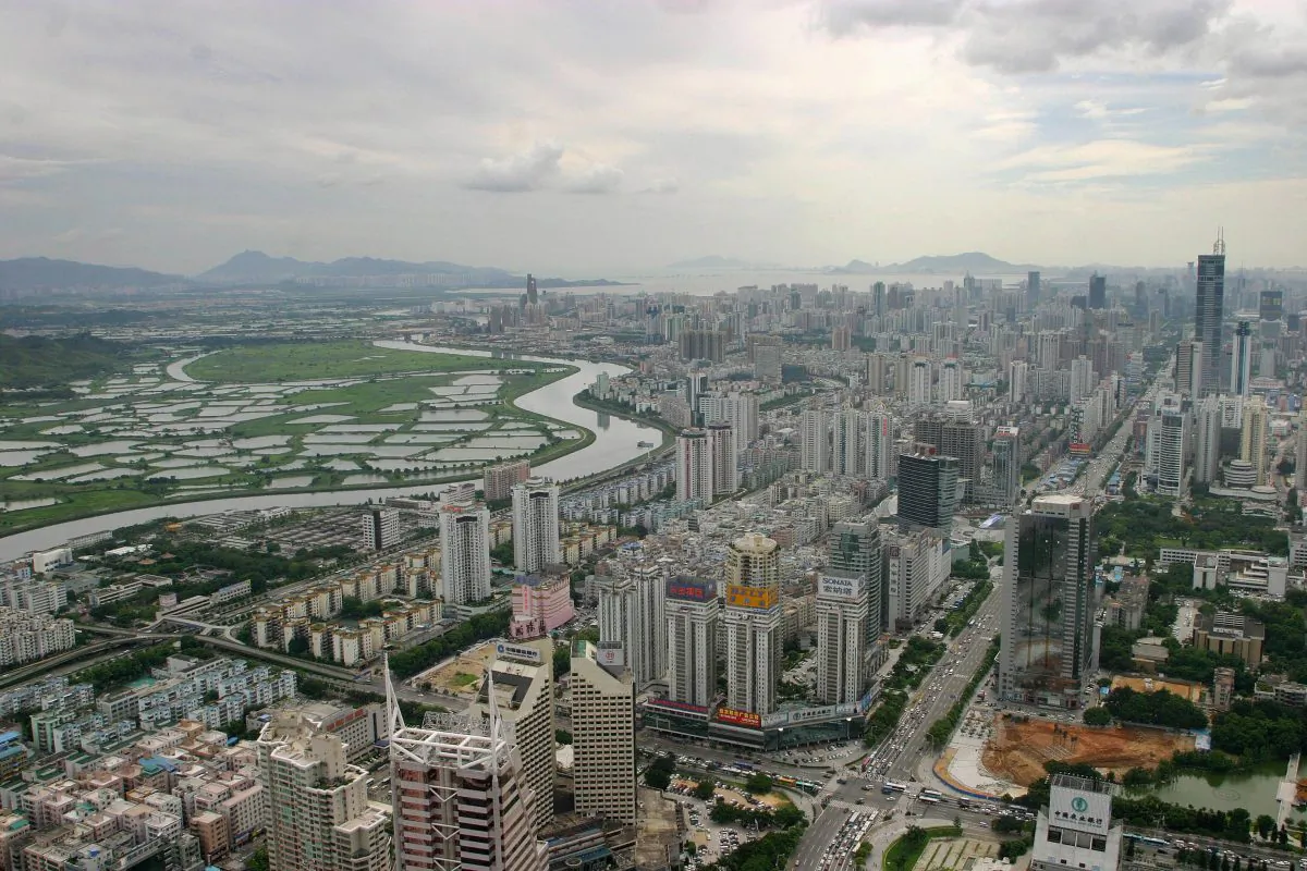 The skyline of Shenzhen City, Guangdong Province, China on August 18, 2004. A hotel in Shenzhen recently imposed a 25 percent surcharge on American guests staying there. (Samantha Sin/AFP/Getty Images)