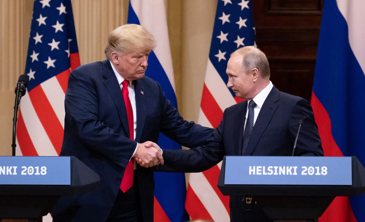 President Donald Trump and Russian President Vladimir Putin hold a joint press conference at the Presidential Palace in Helsinki, Finland, on July 16, 2018. (Samira Bouaou/The Epoch Times)