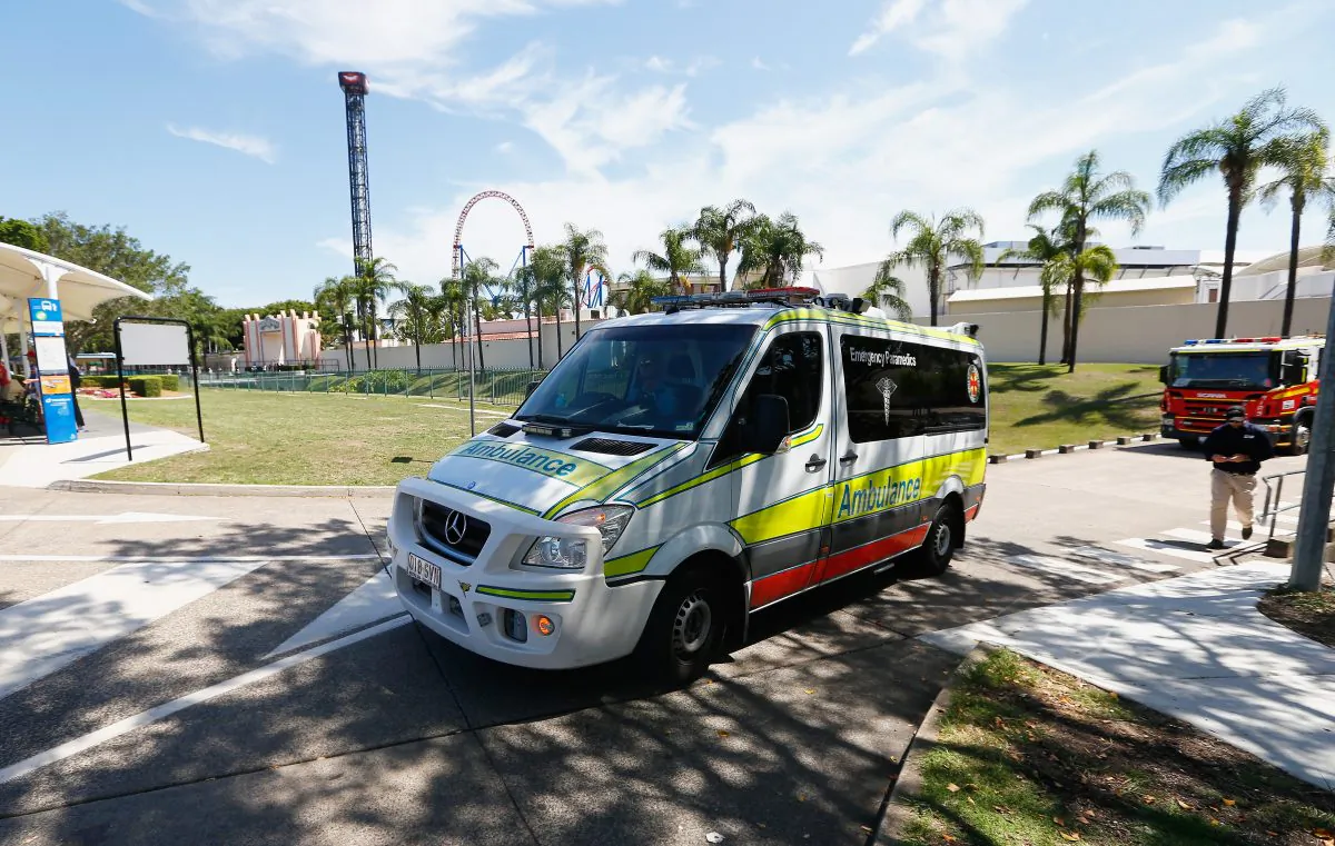 An ambulance leaves Movieworld on Jan. 11, 2017, in Gold Coast, Australia. (Jason O'Brien/Getty Images)