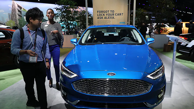 A Ford Fusion is displayed at the Jacob K. Javits Convention Center in New York City on March 28, 2018, during the New York International Auto Show. (Spencer Platt/Getty Images)