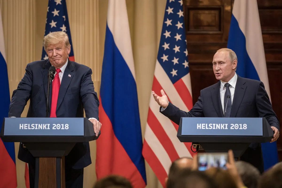 Then-President Donald Trump (L) and Russian President Vladimir Putin during a joint press conference after their summit in Helsinki, Finland, on July 16, 2018. (Chris McGrath/Getty Images)