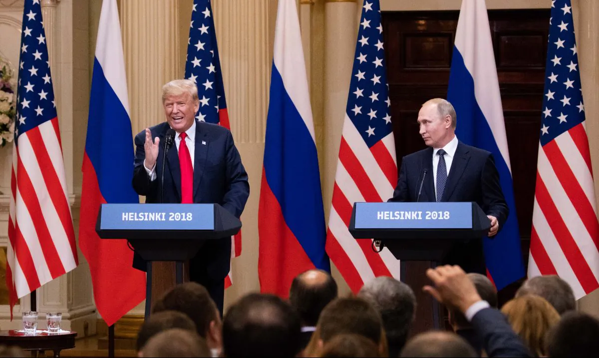 President Donald Trump and Russian President Vladimir Putin hold a joint press conference at the Presidential Palace in Helsinki, Finland, on July 16, 2018. (Samira Bouaou/The Epoch Times)