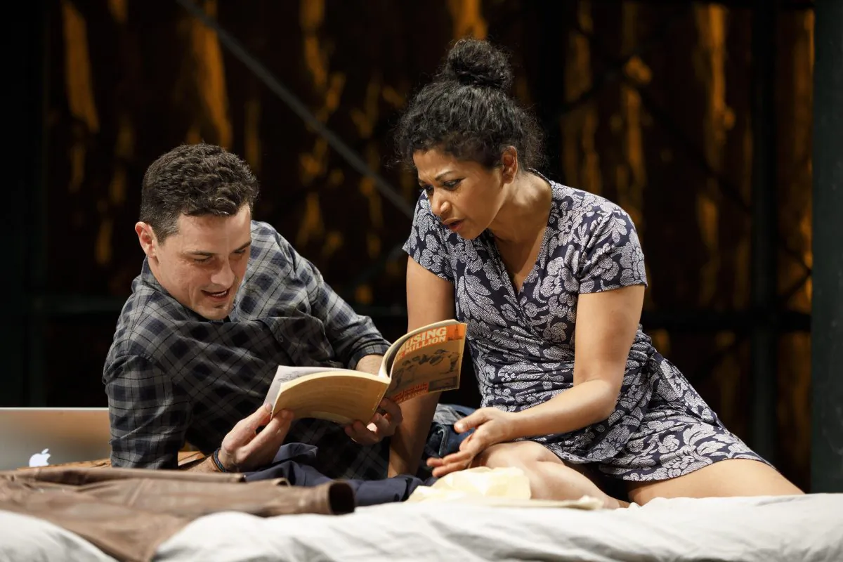 Enver Gjokaj and Rebecca Naomi Jones in the New York premiere of “Fire in Dreamland.” (Joan Marcus)