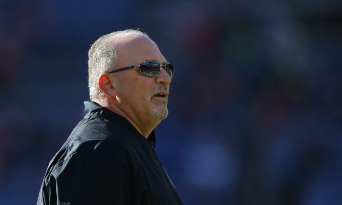 Tony Sparano looks on as his players warm up before a game on December 28, 2014 in Denver, Colorado.  (Photo by Justin Edmonds/Getty Images)