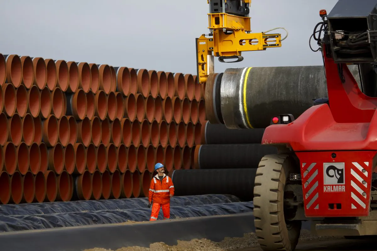 Pipes are loaded for stacking at the Nord Stream 2 facility at Mukran on Ruegen Islandon Oct. 19, 2017 in Sassnitz, Germany. (Carsten Koall/Getty Images)