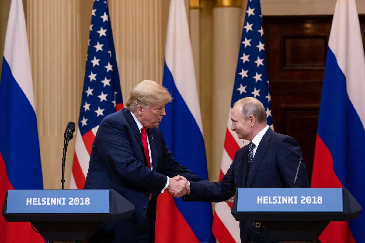 President Donald Trump and Russian President Vladimir Putin hold a joint press conference at the Presidential Palace in Helsinki, Finland, on July 16, 2018. (Samira Bouaou/The Epoch Times)