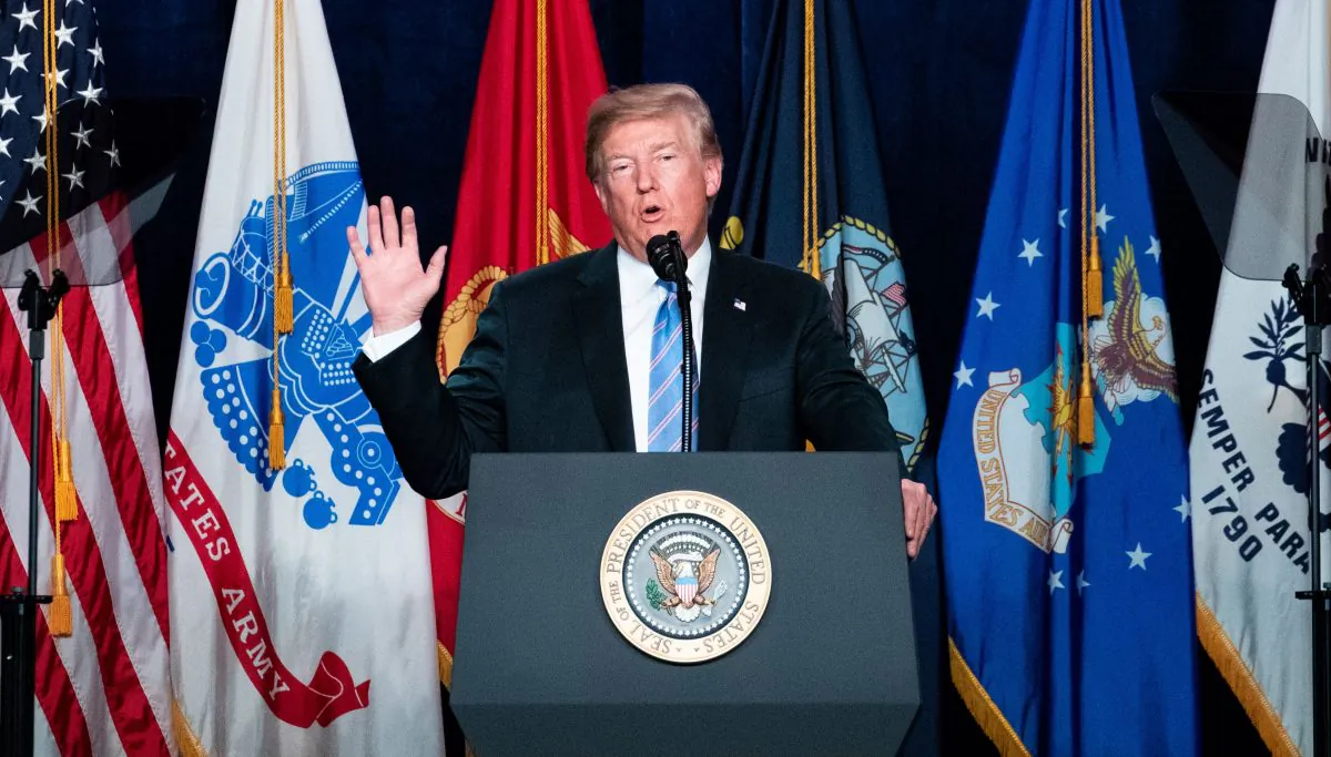 President Donald Trump delivers remarks at the Salute to Service Dinner in White Sulphur Springs, W. Va., on July 3, 2018. (Samira Bouaou/The Epoch Times)
