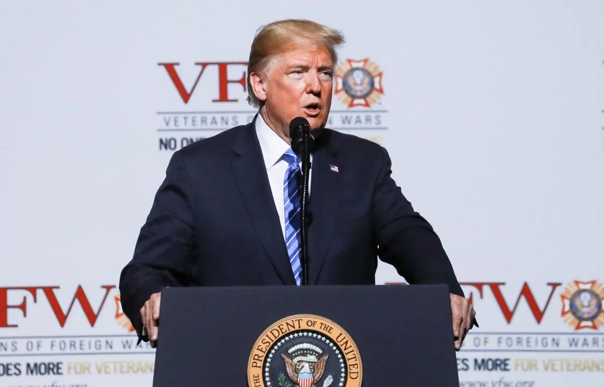 President Donald Trump speaks at the 119th annual Veterans of Foreign Wars conference in Kansas City, Mo., on July 24, 2018. (Charlotte Cuthbertson/The Epoch Times)