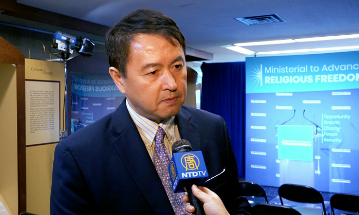 Zhang Erping, spokesperson for Falun Gong, at the Ministerial to Advance Religious Freedom on July 24 in Washington. (Wu Wei/NTD)
