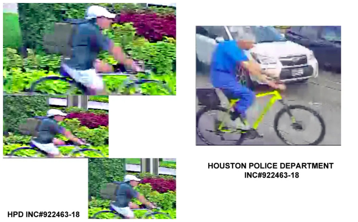 L: The gunman who shot George H.W. Bush’s former doctor was wearing a “fully-loaded” backpack, as seen in a new police surveillance footage. R: Dr. Mark Hausknecht is pictured on the yellow bicycle in the surveillance video. (Houston Police Department)