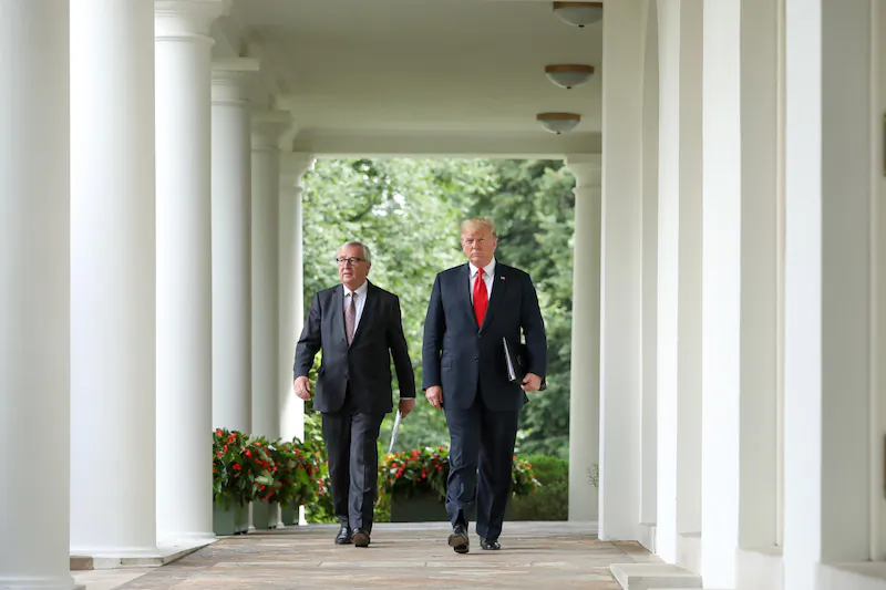 President Donald Trump meets with the President of the European Commission Jean-Claude Juncker in the Rose Garden of the White House in Washington on July 25, 2018. (Samira Bouaou/The Epoch Times)