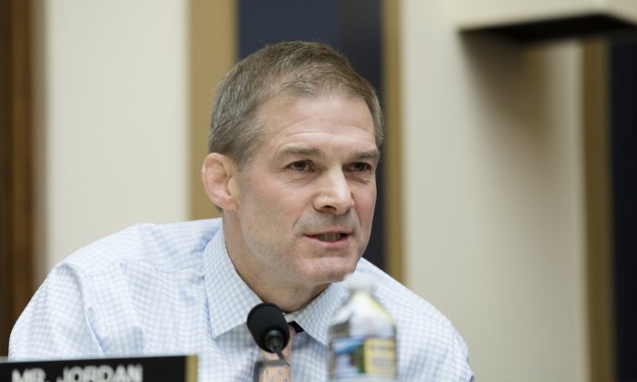 Rep. Jim Jordan (R-Ohio) at a hearing with Deputy Attorney General Rod Rosenstein where he testifies before the House Judiciary Committee about Special Counsel Robert Mueller's investigation of Russia's alleged election interference in 2016, in Washington on Dec. 13, 2017. (Samira Bouaou/The Epoch Times)