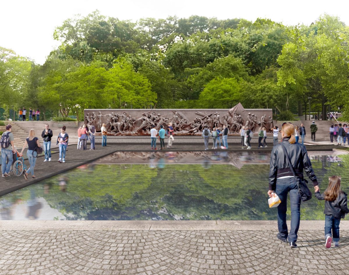 A rendering of architect Joe Weishaar's park design with Sabin Howard’s bronze-relief sculpture for the National World War I Memorial, to be sited in Pershing Park, Washington (World War I Memorial Design Team).