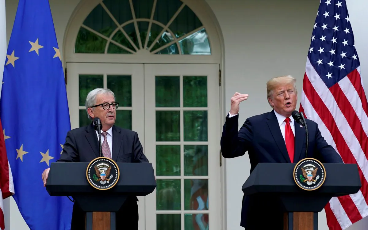 U.S. President Donald Trump and President of the European Commission Jean-Claude Juncker speak about trade relations in the Rose Garden of the White House in Washington, U.S., on July 25, 2018. (Joshua Roberts/Reuters)