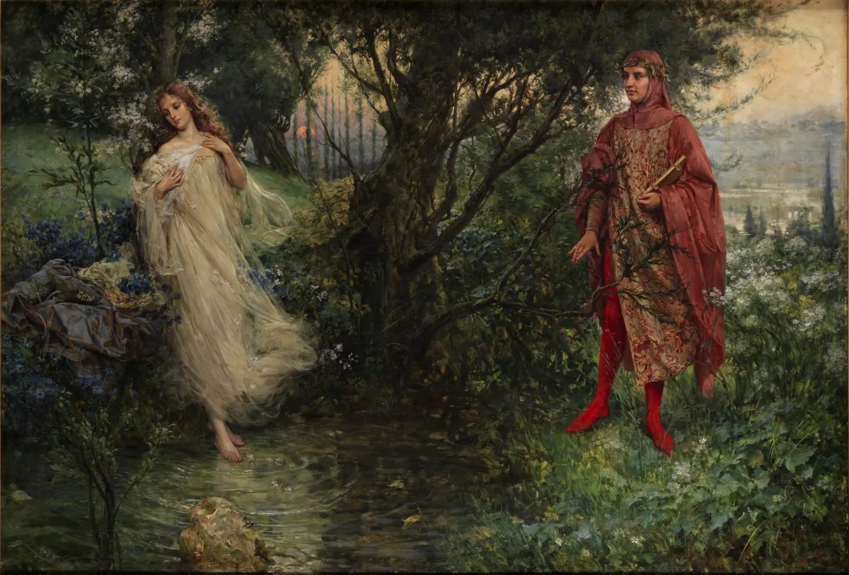 “Dante and Beatrice,” 1906, by Salvatore Postiglione. Beatrice guides Dante through heaven, explains that God’s creations, exiled to earth, long to return to their place of origin. (Public Domain)